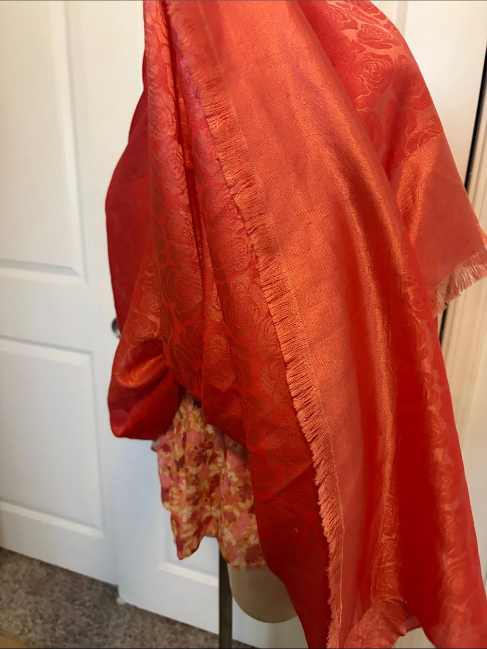 Coral silk Floral Jacquard scarf